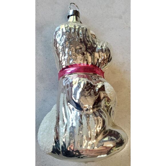 VTG Ornament German or Russian Silver Glass Dog w/ Pink Bow Snow Tufts Textured - Picture 4 of 12
